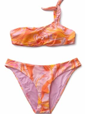 New! Aqua Bloomingdale’s One-Shoulder Pink & Orange Swirl Bikini Set